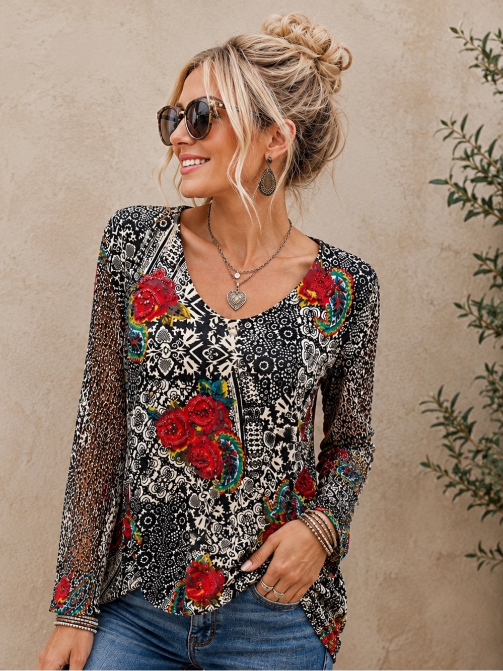 Nygard Floral Boho Top Red Rose Paisley Embellished Mesh Sleeve Medium